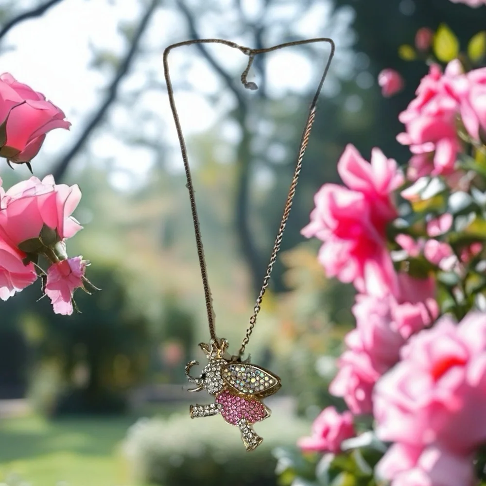 Cute Betsy Johnson Elephant Pink Rhinestone Necklace